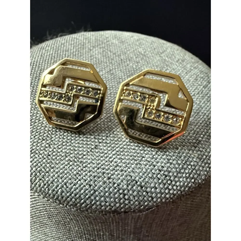 Vintage Avon Gold Tone Geometric Rhinestone Earring Pierced Minimalist Modernist
